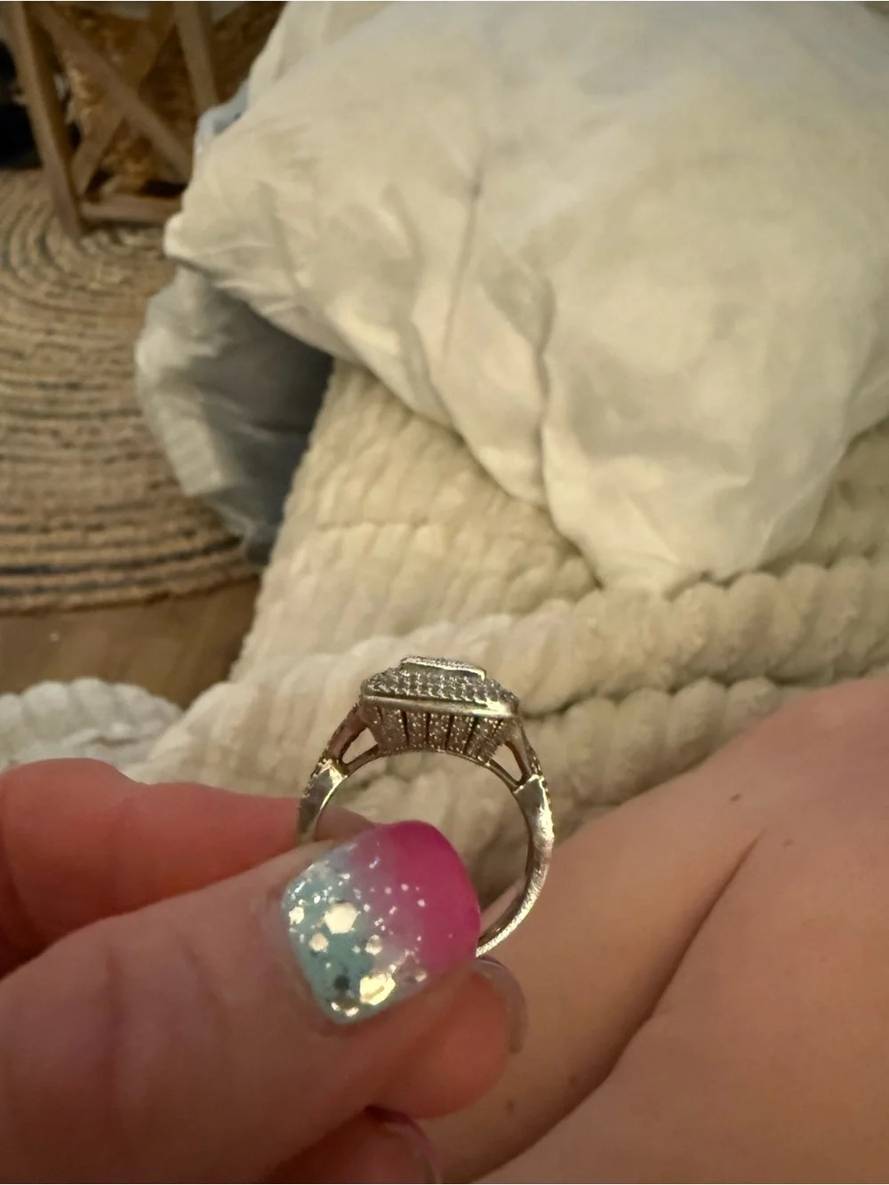 Sterling Silver  Square Pave Ring with Diamonds- Women Jewelry